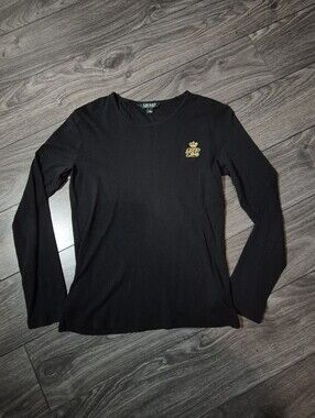Ralph Lauren Black Long-Sleeve Crew Sweater with Gold Crest